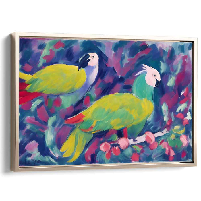 Emerald Songbirds: Vibrant Parrot Duo in Lush Foliage Canvas Art