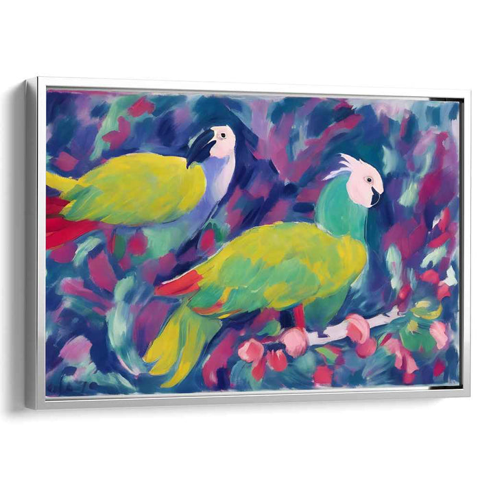 Emerald Songbirds: Vibrant Parrot Duo in Lush Foliage Canvas Art