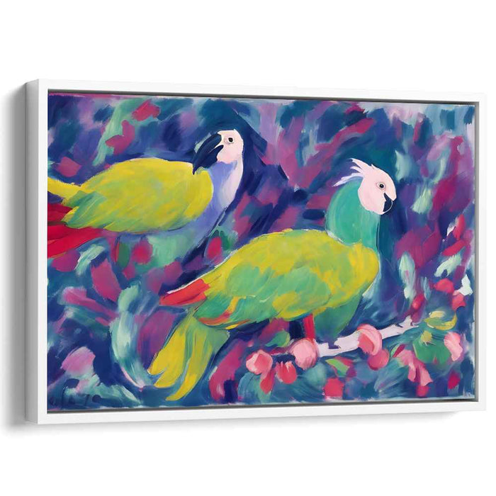 Emerald Songbirds: Vibrant Parrot Duo in Lush Foliage Canvas Art