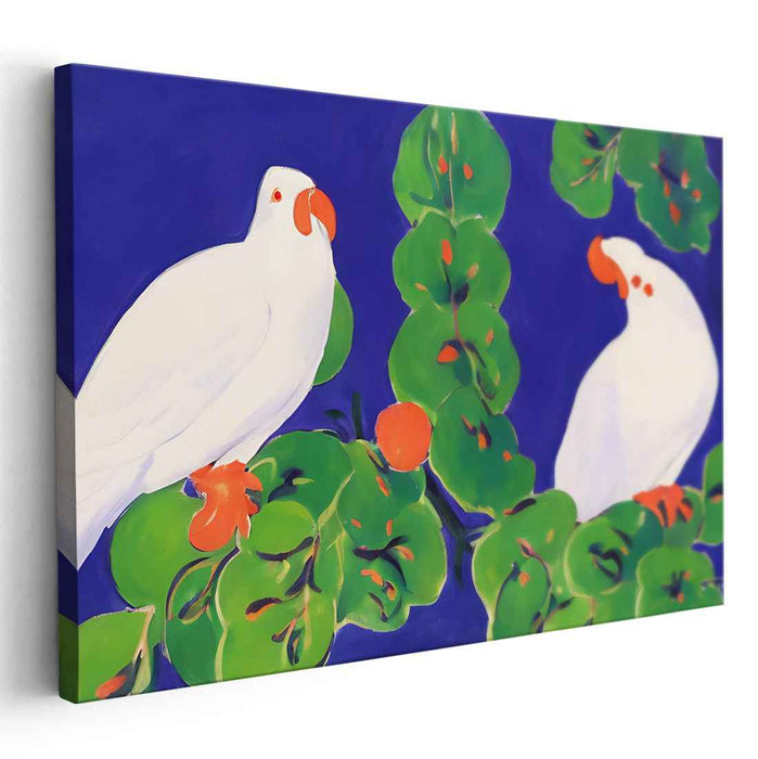 Jungle Jazz Allegro: Fauvist-Inspired White Parrots and Lush Foliage Canvas Art