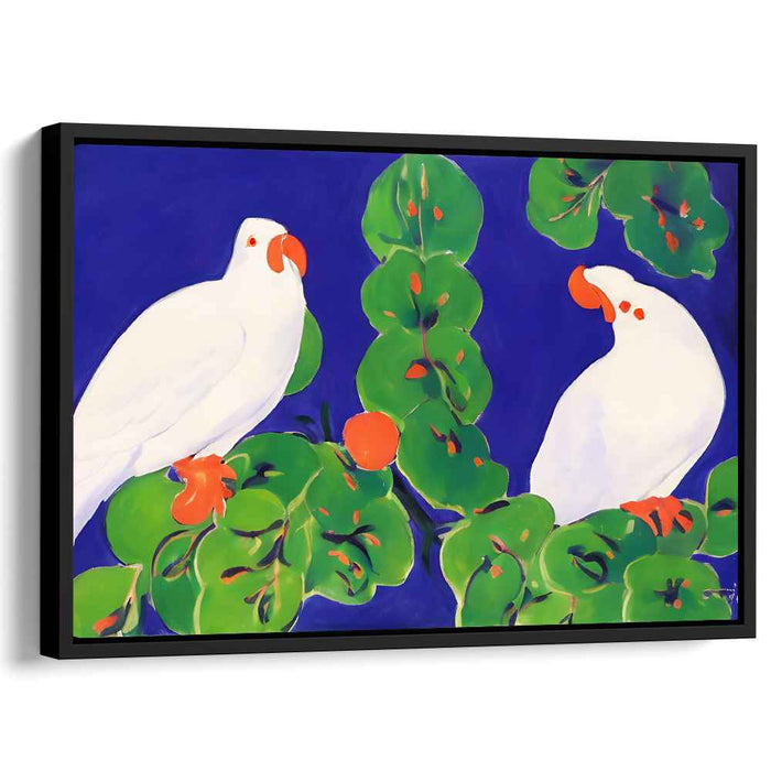 Jungle Jazz Allegro: Fauvist-Inspired White Parrots and Lush Foliage Canvas Art