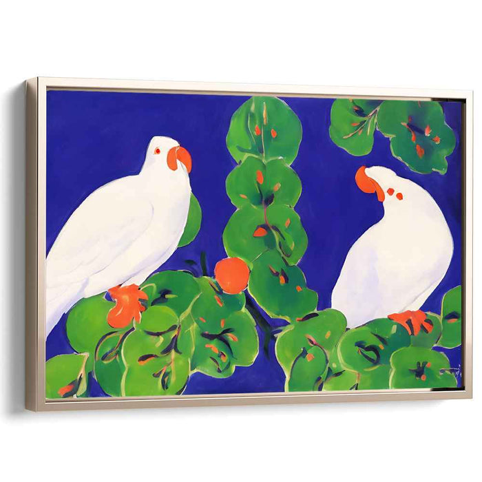 Jungle Jazz Allegro: Fauvist-Inspired White Parrots and Lush Foliage Canvas Art