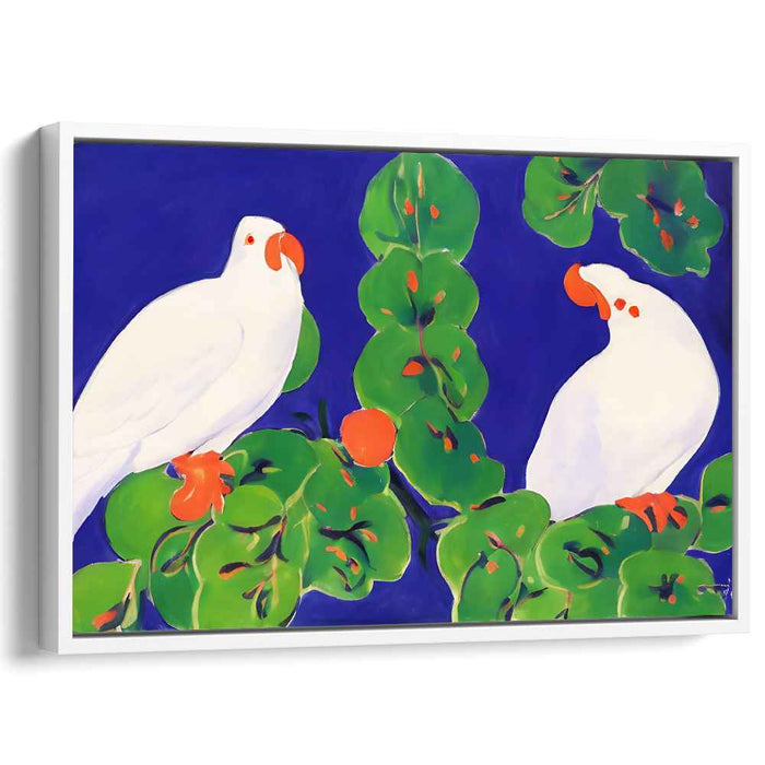 Jungle Jazz Allegro: Fauvist-Inspired White Parrots and Lush Foliage Canvas Art