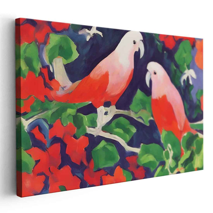 Tropical Duet: Vivid Parrot Duo on Lush Green Canvas Art