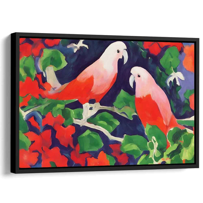 Tropical Duet: Vivid Parrot Duo on Lush Green Canvas Art