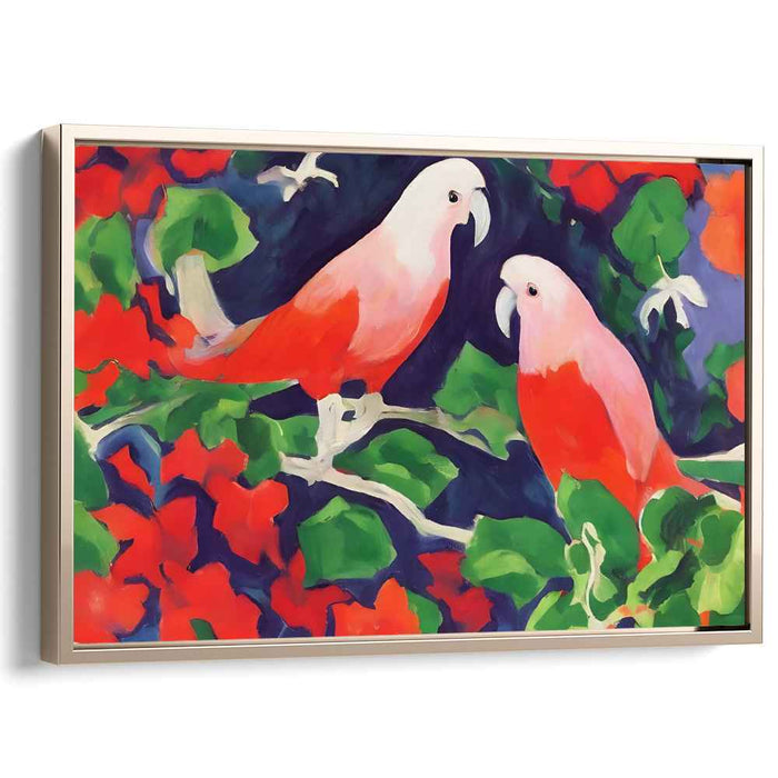 Tropical Duet: Vivid Parrot Duo on Lush Green Canvas Art