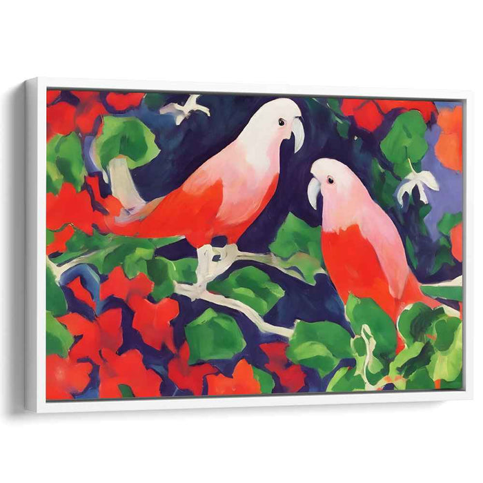 Tropical Duet: Vivid Parrot Duo on Lush Green Canvas Art