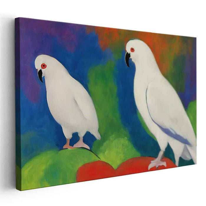 Ethereal Avian Abstraction: Vibrant Cockatoos Against Abstract Paradise