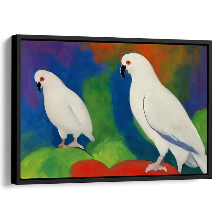 Ethereal Avian Abstraction: Vibrant Cockatoos Against Abstract Paradise