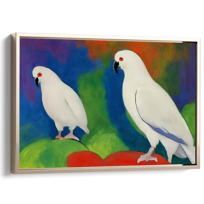 Ethereal Avian Abstraction: Vibrant Cockatoos Against Abstract Paradise