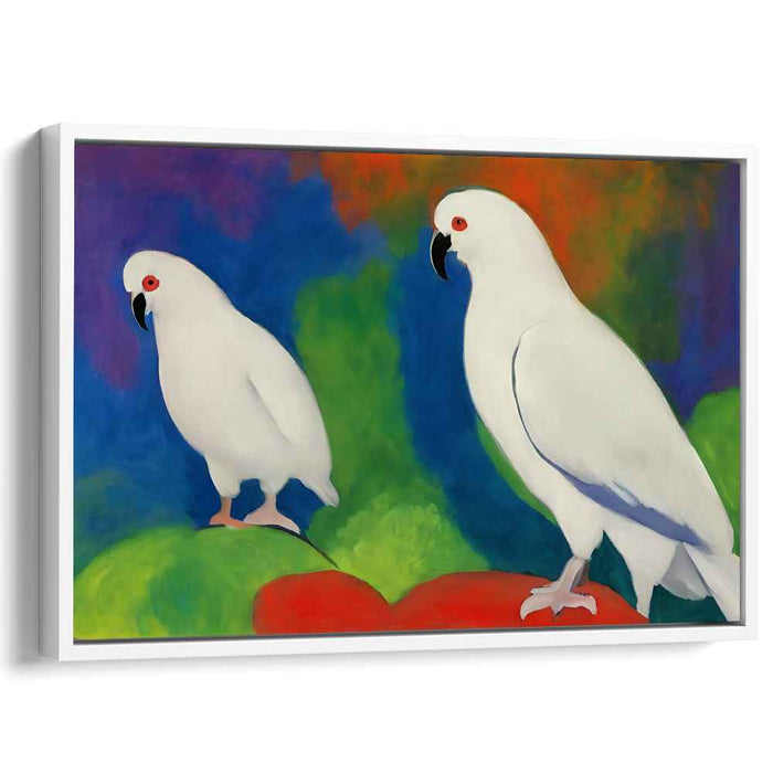 Ethereal Avian Abstraction: Vibrant Cockatoos Against Abstract Paradise