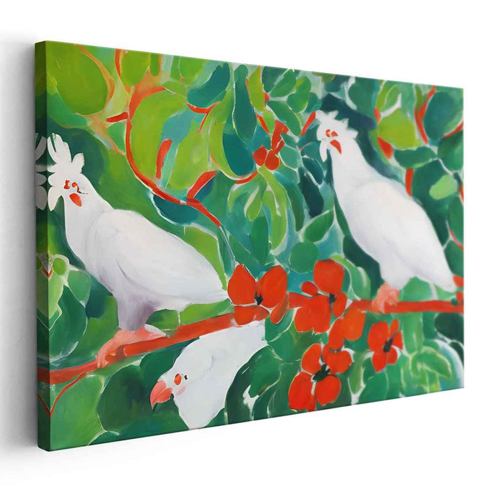 Tropical Chatterings: Vibrant Cockatoos Amidst Lush Foliage Canvas Art Print