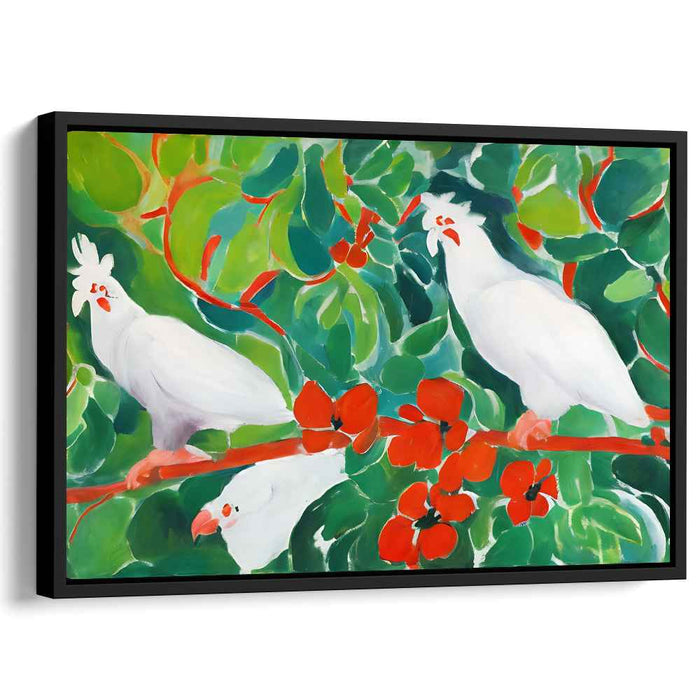 Tropical Chatterings: Vibrant Cockatoos Amidst Lush Foliage Canvas Art Print