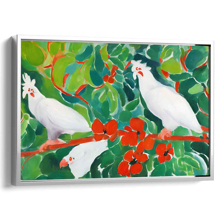 Tropical Chatterings: Vibrant Cockatoos Amidst Lush Foliage Canvas Art Print
