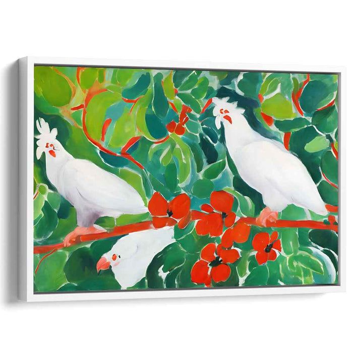 Tropical Chatterings: Vibrant Cockatoos Amidst Lush Foliage Canvas Art Print