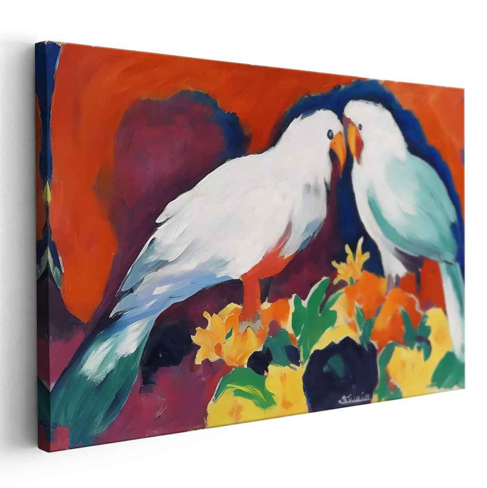 Paradise Garden Aviary: Vivid Parrots in Exotic Garden Canvas Art Print