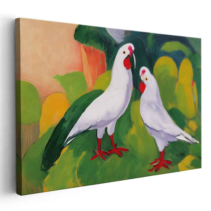 Alabaster Aviary Revelation: Expressive White Parrots on Vibrant Canvas Art