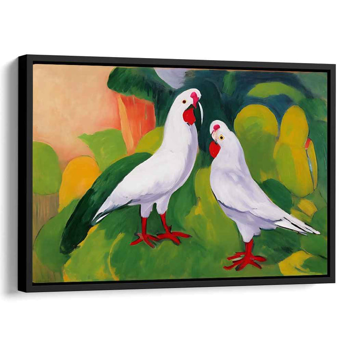 Alabaster Aviary Revelation: Expressive White Parrots on Vibrant Canvas Art