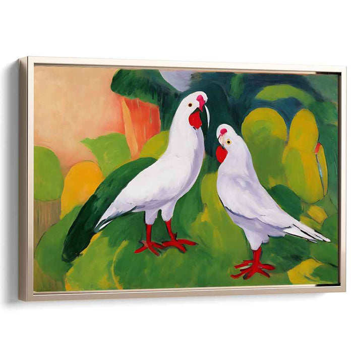 Alabaster Aviary Revelation: Expressive White Parrots on Vibrant Canvas Art