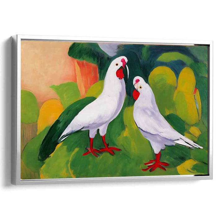 Alabaster Aviary Revelation: Expressive White Parrots on Vibrant Canvas Art
