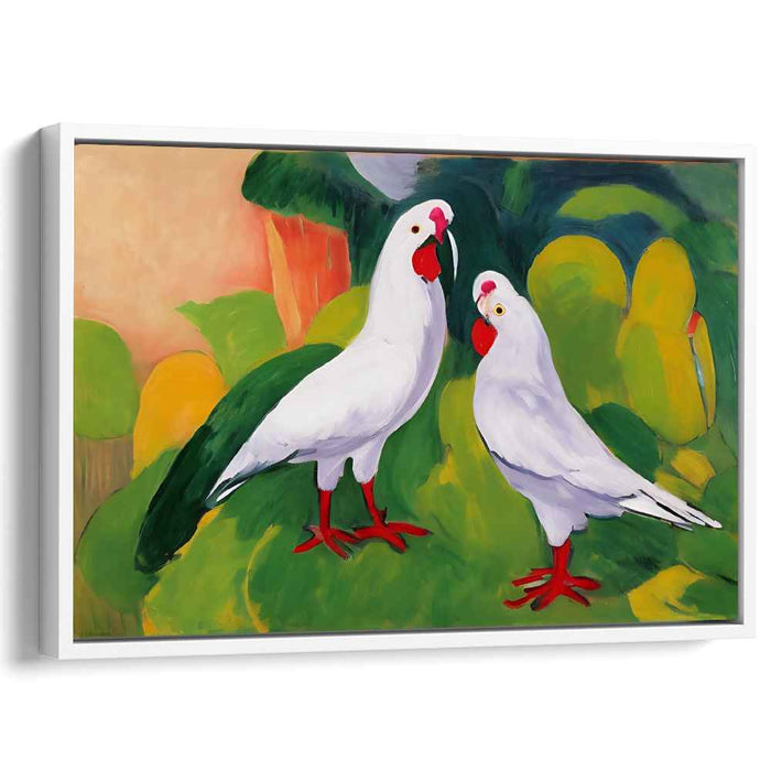 Alabaster Aviary Revelation: Expressive White Parrots on Vibrant Canvas Art