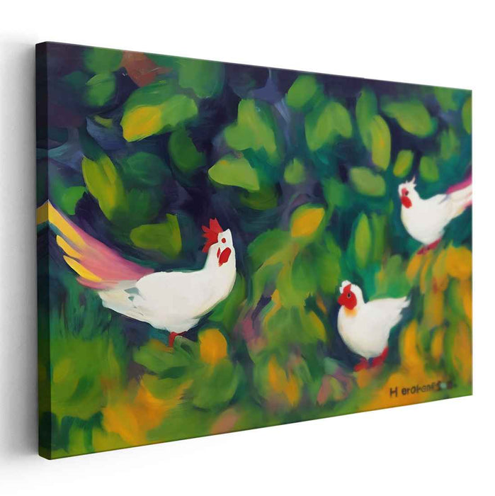 Feathered Garden Follies: Whimsical White Chickens in Lush Garden Canvas Art