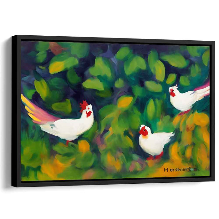 Feathered Garden Follies: Whimsical White Chickens in Lush Garden Canvas Art