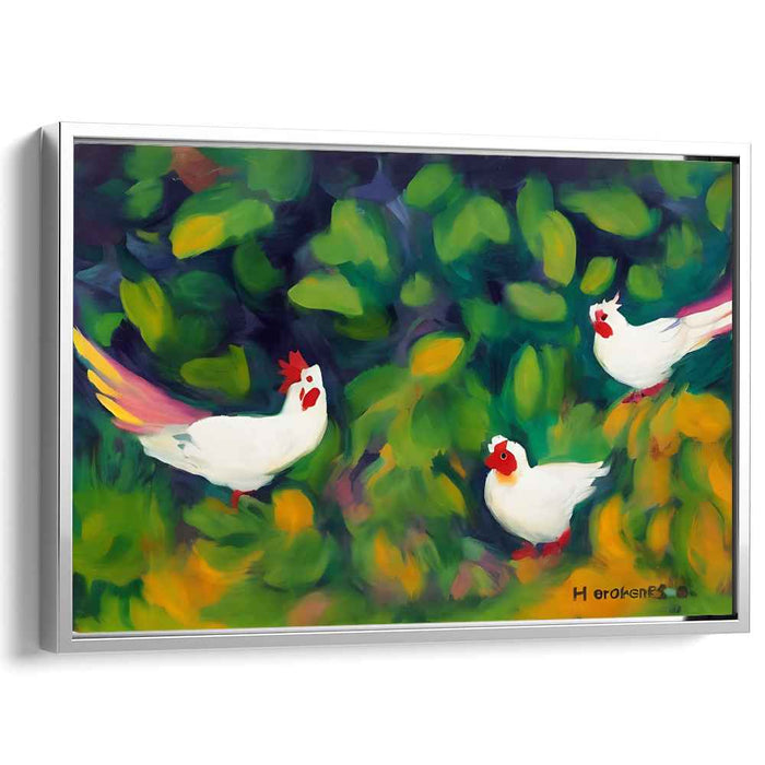 Feathered Garden Follies: Whimsical White Chickens in Lush Garden Canvas Art