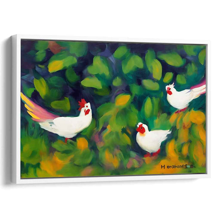 Feathered Garden Follies: Whimsical White Chickens in Lush Garden Canvas Art