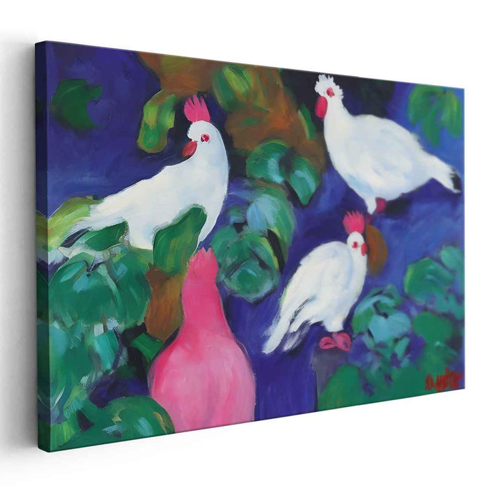Feathered Embrace: Vibrant Cockatoos in Lush Greenery Canvas Art Print