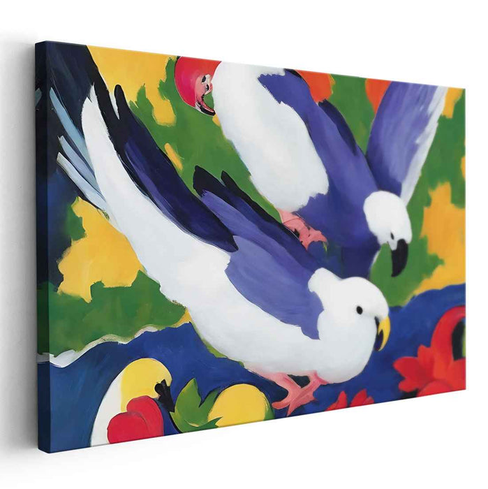 Fluttering Petals of Peace: Colorful Doves Amidst Floral Bliss Canvas Art Print