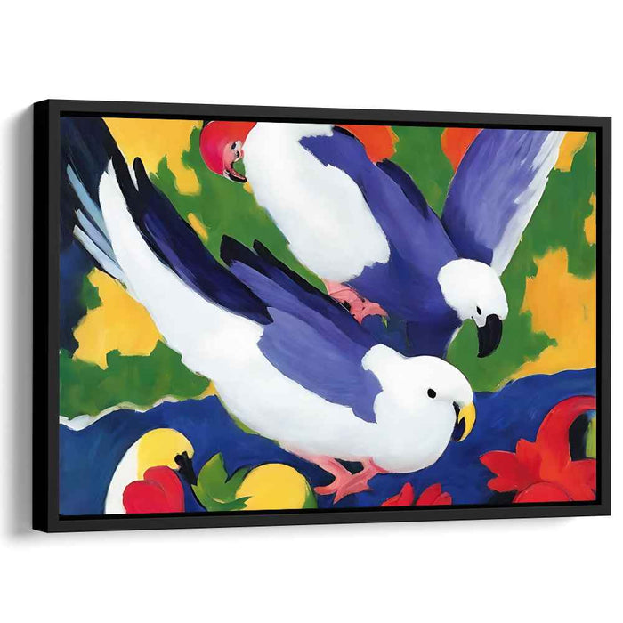 Fluttering Petals of Peace: Colorful Doves Amidst Floral Bliss Canvas Art Print