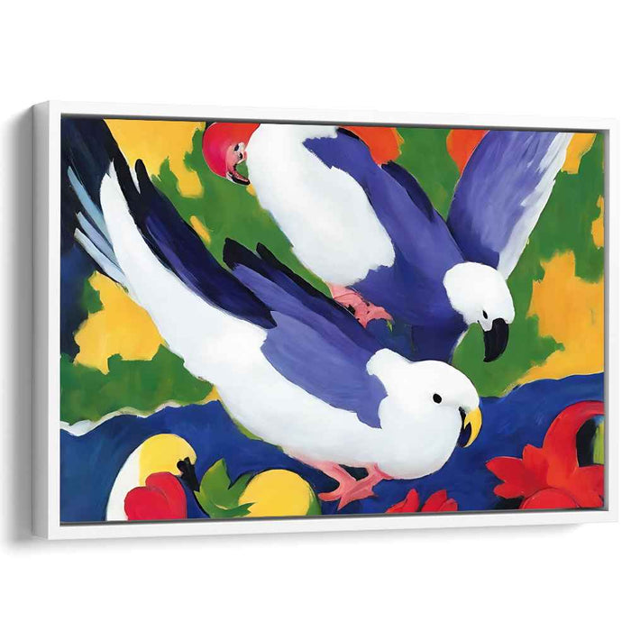 Fluttering Petals of Peace: Colorful Doves Amidst Floral Bliss Canvas Art Print