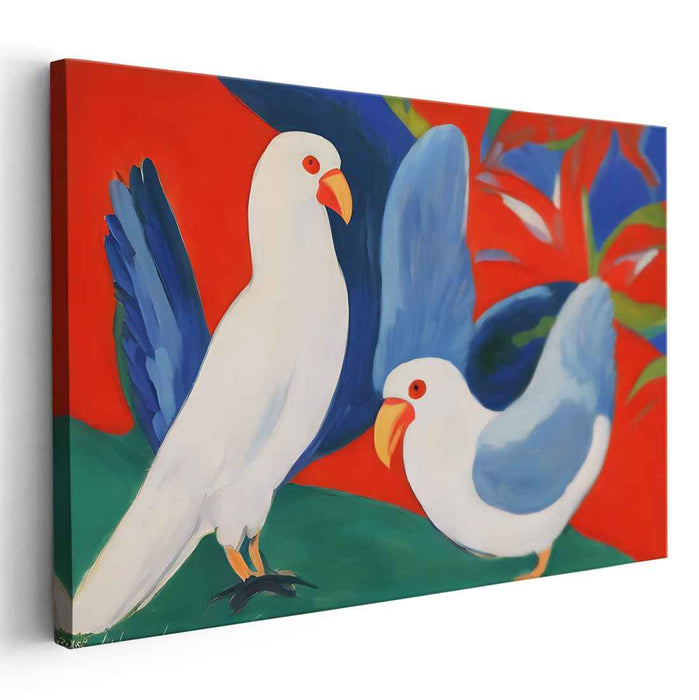 Vivid Avian Harmony: White Birds with Blue Wings on Red Canvas Art Print