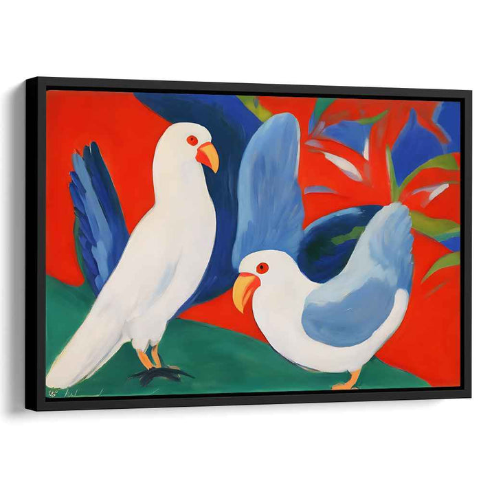 Vivid Avian Harmony: White Birds with Blue Wings on Red Canvas Art Print