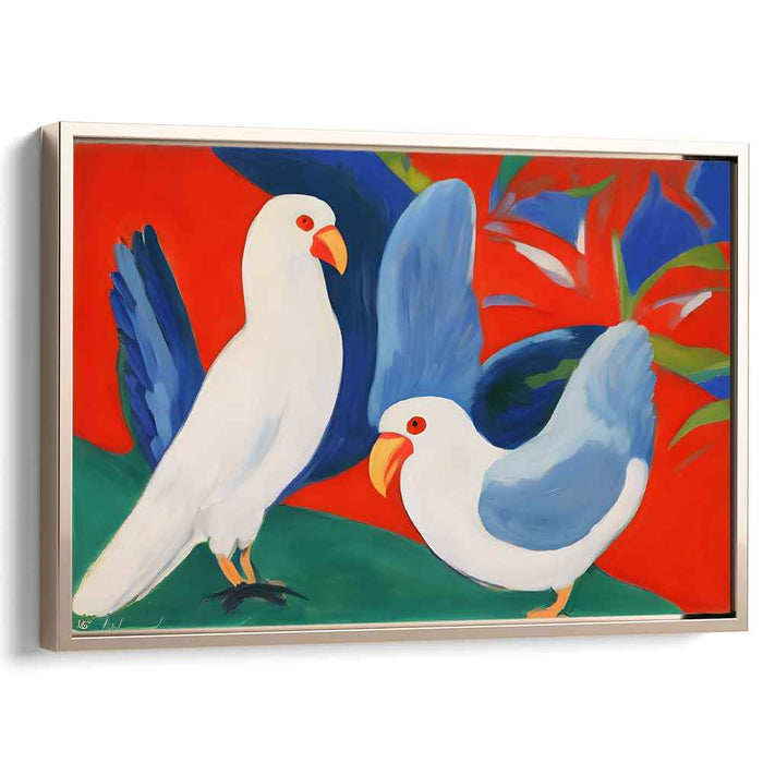 Vivid Avian Harmony: White Birds with Blue Wings on Red Canvas Art Print