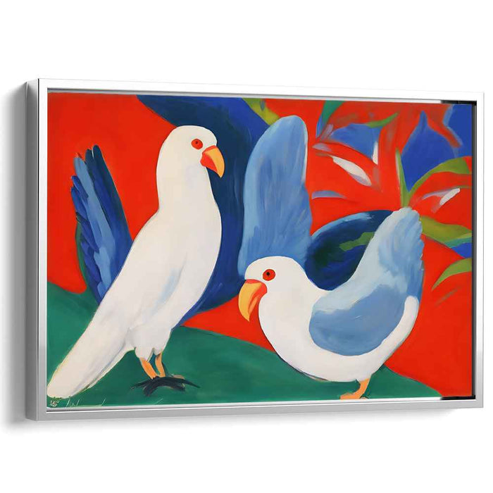 Vivid Avian Harmony: White Birds with Blue Wings on Red Canvas Art Print