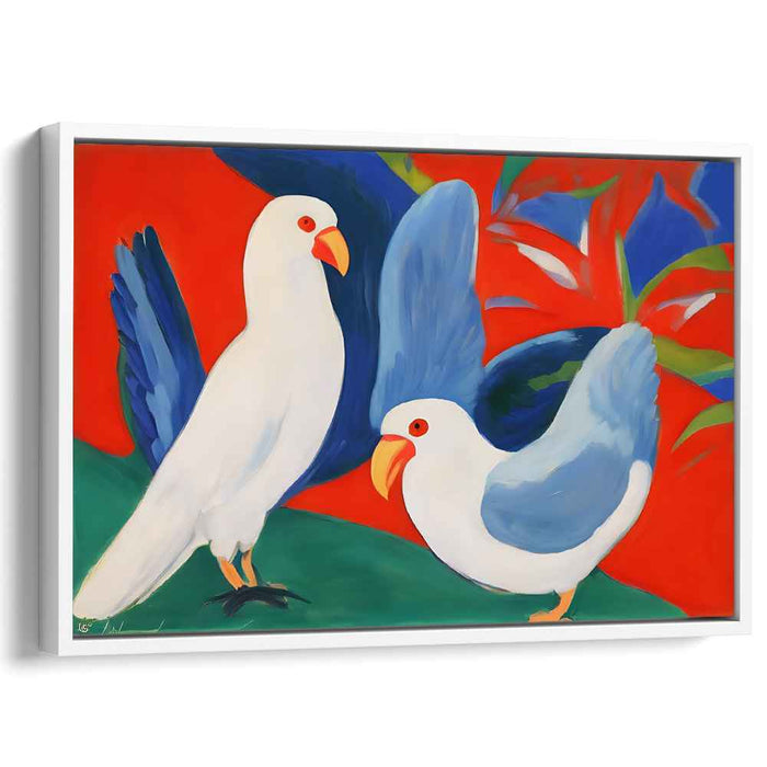 Vivid Avian Harmony: White Birds with Blue Wings on Red Canvas Art Print