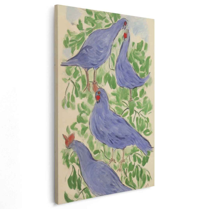 Wild Blue Melody: Fauvist Blue Quartet on Green Canvas Art Print