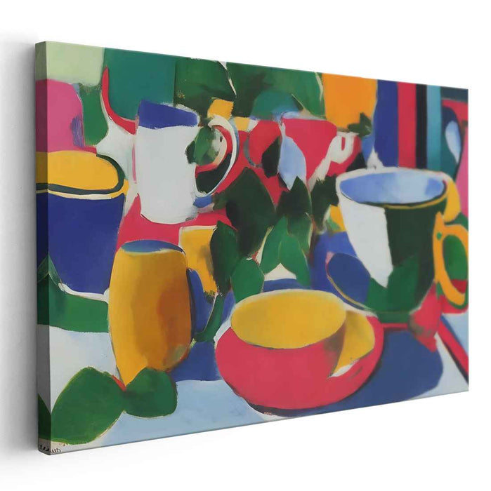 Vivid Tableau: Tea Party Echoes: Fauvist Still Life with Colorful Cups and Saucers