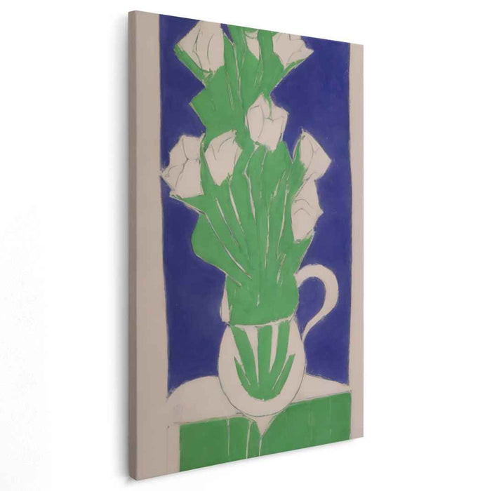 Minimalist Verdant Bouquet: Modernist White Flowers in Green Vase Canvas Art Print