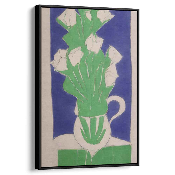 Minimalist Verdant Bouquet: Modernist White Flowers in Green Vase Canvas Art Print