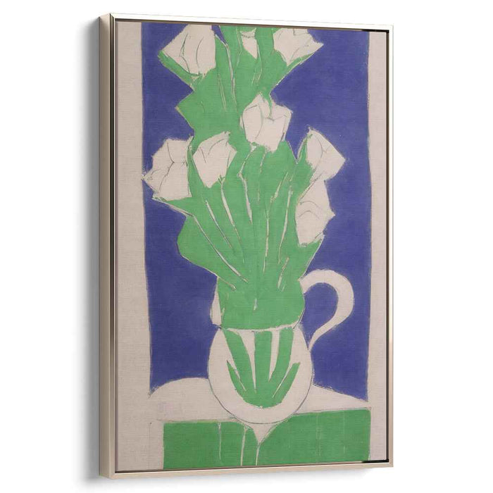 Minimalist Verdant Bouquet: Modernist White Flowers in Green Vase Canvas Art Print