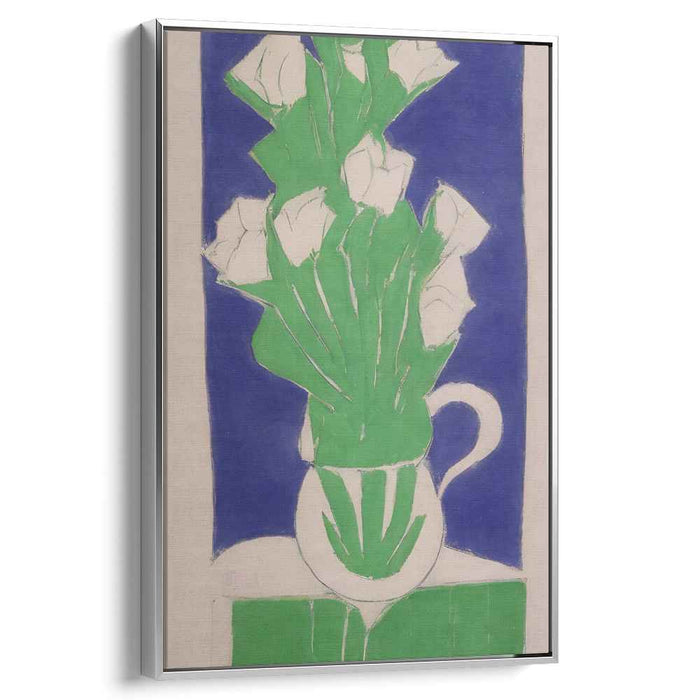 Minimalist Verdant Bouquet: Modernist White Flowers in Green Vase Canvas Art Print