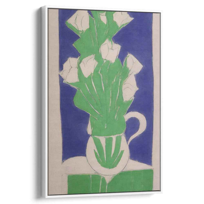 Minimalist Verdant Bouquet: Modernist White Flowers in Green Vase Canvas Art Print