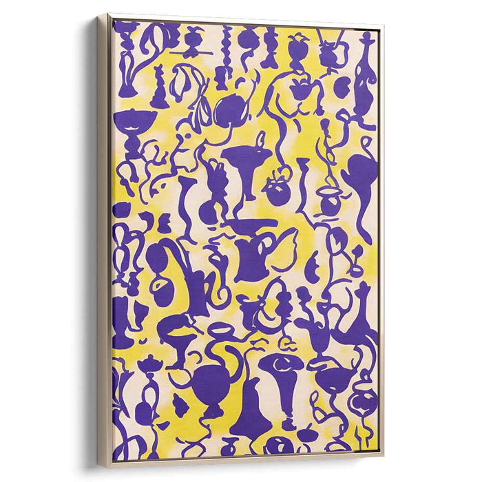 Luminous Echoes: Playful Purple Forms on Vibrant Yellow Canvas Art