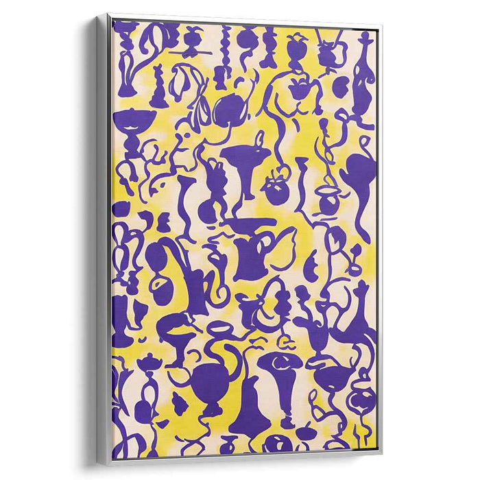 Luminous Echoes: Playful Purple Forms on Vibrant Yellow Canvas Art