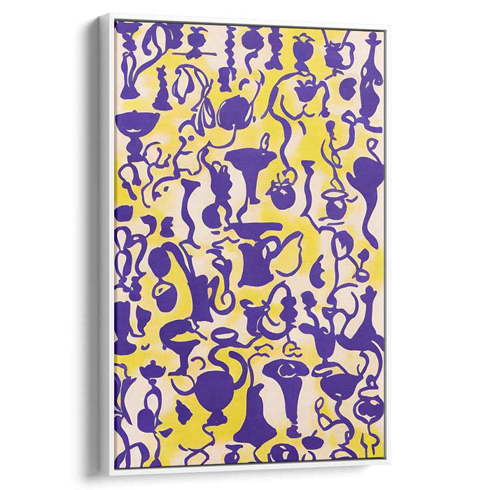 Luminous Echoes: Playful Purple Forms on Vibrant Yellow Canvas Art