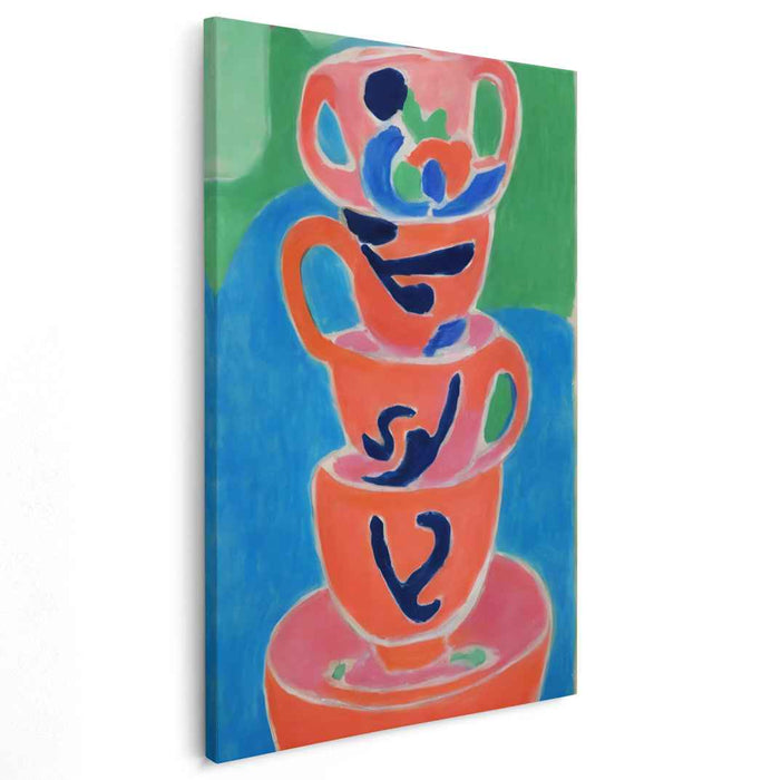 Whimsical Stack: Vibrant Teacups in Fauvist Style Canvas Art