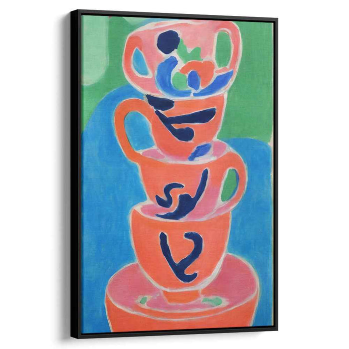 Whimsical Stack: Vibrant Teacups in Fauvist Style Canvas Art